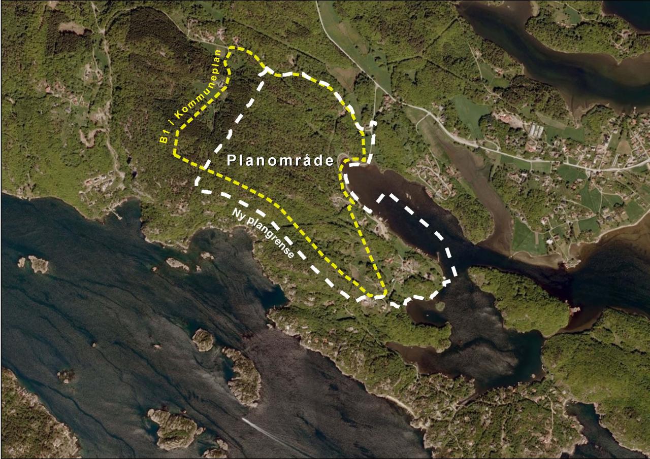 3. PLANOMRÅDET Bilde 3 Ortofoto av området. Planområdet er i stor grad dekket av skog. Hvit stiplet linje indikerer forslag til planavgrensning. Gul linje viser B1 i kommuneplan.