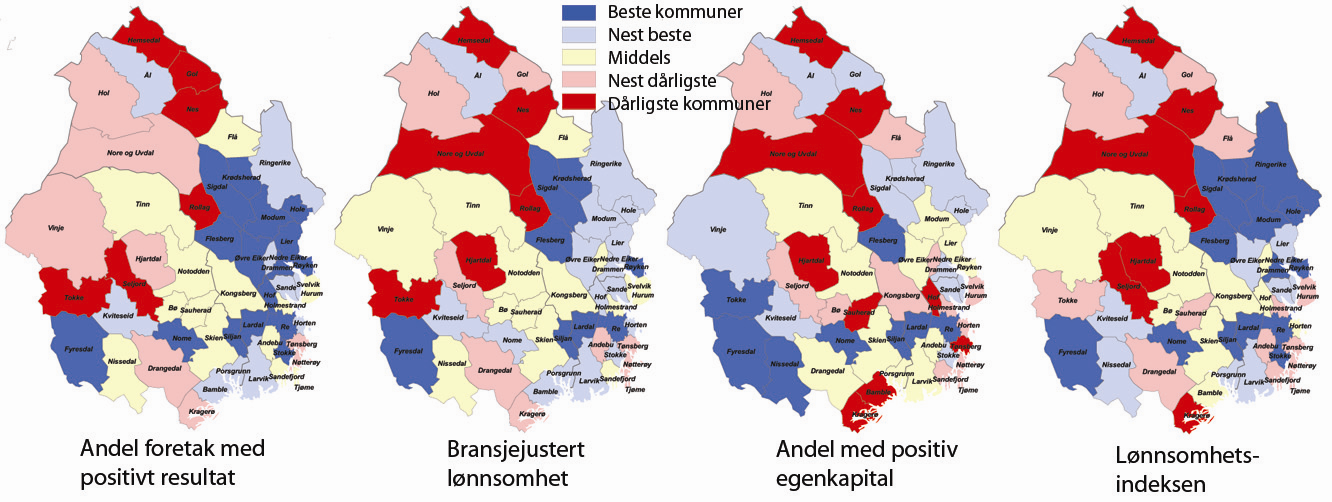 Lønnsomhetsindeksen for kommuner Figur 56: Kommunene i BTV mht variasjon i de ulike lønnsomhetsindikatorene i 2008.