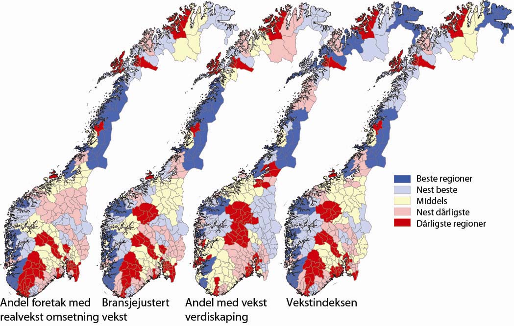 NÆRINGS-NM 2008 Vekstindeksen for regioner Figur 64: Variasjonen mellom regionene for de ulike vekstindikatorene i 2008.