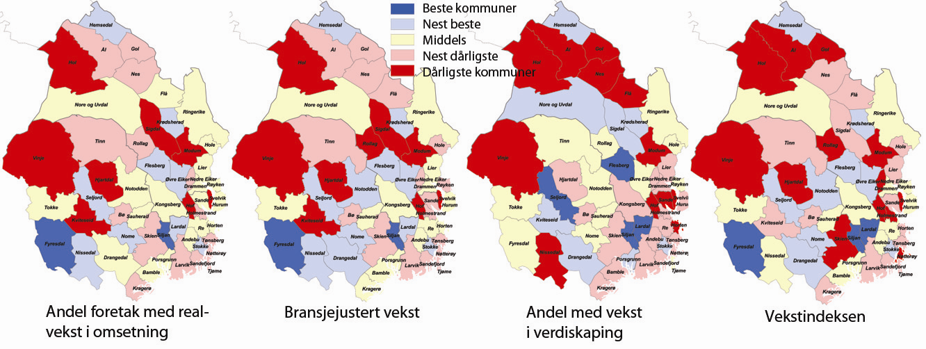 Vekstsindeksen for kommuner Figur 66: Kommunene i BTV mht variasjon i de ulike vekstindikatorene i 2008.