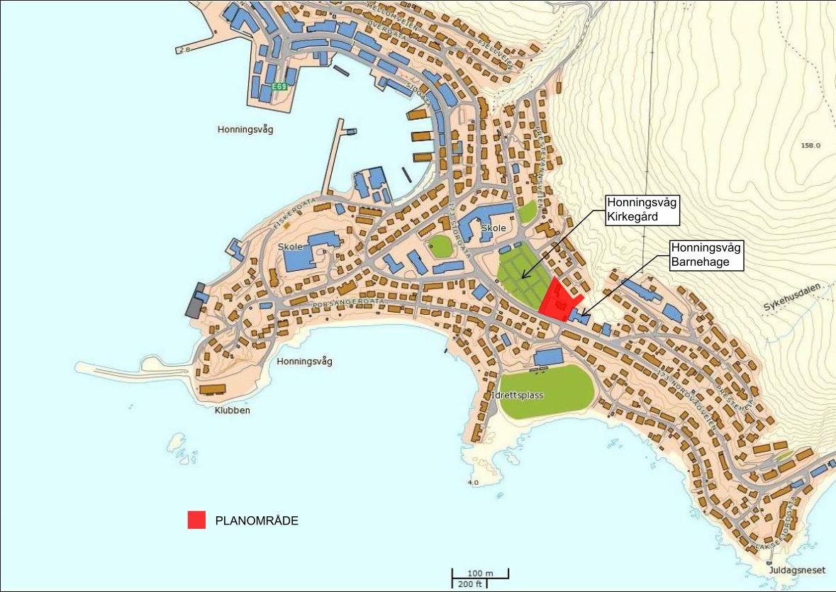 HONNINGSVÅG KIRKEGÅRD - UTVIDELSE 5 2. PLANOMRÅDET 2.1 Oversiktskart Fig 1: Honningsvåg (fra Kartverket) Honningsvåg ligger på sør-østsiden av Magerøya i Nordkapp Kommune.