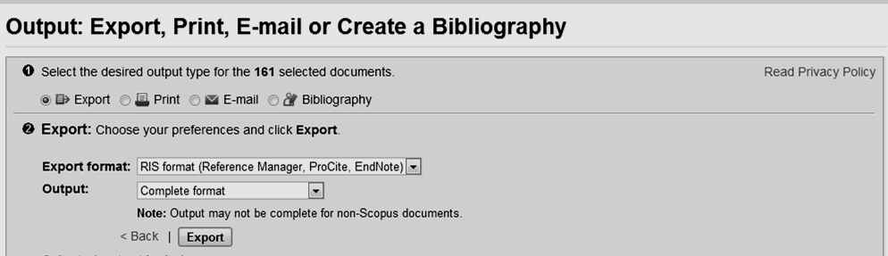 Vedlegg E: Direkte eksport fra SCOPUS Merk referansene som skal lastes ned, og klikk på Export I skjermbildet for Output: Export format: RIS format (Reference Manager,ProCite, EndNote) Output: