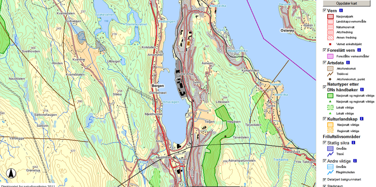 KUNNSKAPSGRUNNLAGET Bergen kommune har gjennomført en kartlegging av et utvalg av naturtyper og verdisetting av biologisk mangfold i samsvar med DN-håndbok 13 (1. utgave 1999) (Moe 2002).