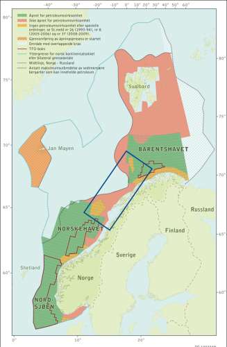 Figur 1.1. Arealstatus for norsk sokkel. Områdene som er evaluert ligger innenfor det blå rektangelet.