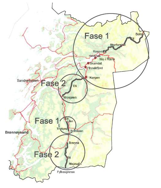 Ev6: Bruer på Vegpakke Helgeland. ca 200 km utbedring/nyanlegg, kostnad ca 4,1 mrd.