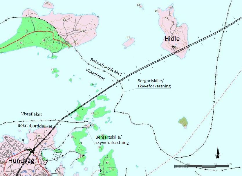 Figur 3-1: Utsnitt av NGUs bergartskart med inntegnet tunneltrase og dekkeenheter. Rosa er gneis, mens den grønne fargen er fyllitt (Norconsult, 2012).