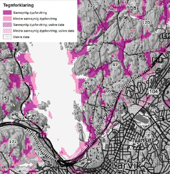 Figur 3-4: NGUs kart over dypforvitring hentet fra den geologisk rapporten for prosjektet viser hvor det er sannsynlig å møte på dypforvitring med inntegnede tunneltraseer med stiplede linjer.