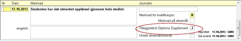 Ny vitnemålsmal Tilleggstekst for Diploma Supplement (Student