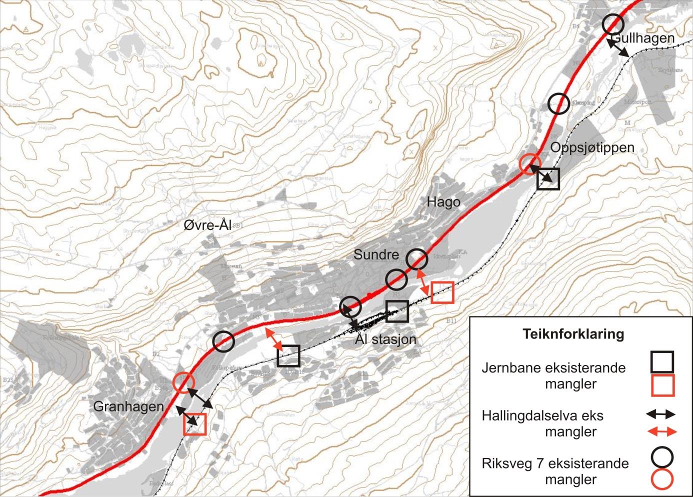 4.6 Veganlegg Ei utvikling på tvers av dalen og større bruk av elva som rekreasjonsområde krev fleire kryssingspunkt over riksveg 7, Hallingdalselva og jernbanen.