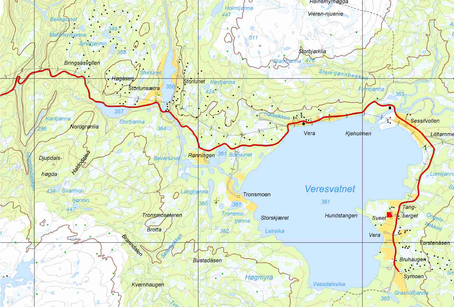 KU fritidsbebyggelse Verdal Tiltaksbeskrivelse: 1721/197/2, Sessilvoldskogen, Vera - hytteområde Dagens formål LNF Situasjonskart hovedsaklig uproduktiv skog 2000 daa Foreslått formål