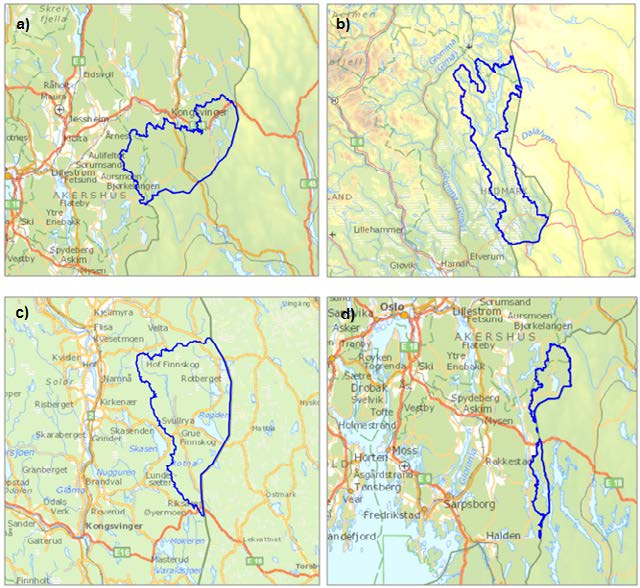 FIGUR 2.2. Delområdene Byälven (a), Femund og Trysilvassdraget (Klarälv) (b), Røgden (Norsälven) (c) og Upperudsälven (d) sine arealer i Norge. Blå linjer markerer delområdenes grenser.