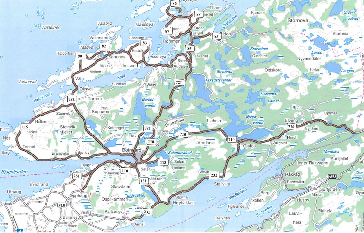 Trafikksikkerhetsplan for Bjugn kommune 2016-2019 2. REGISTRERINGER OG PROBLEMANALYSE 2.1 Bjugn kommune 2.1.1 Veinett Sentrumsstrukturen er preget av Botngård som et transportknutepunkt og med bygdesentra både på Høybakken, Lysøysundet, Vallersund og Oksvoll/Nes.