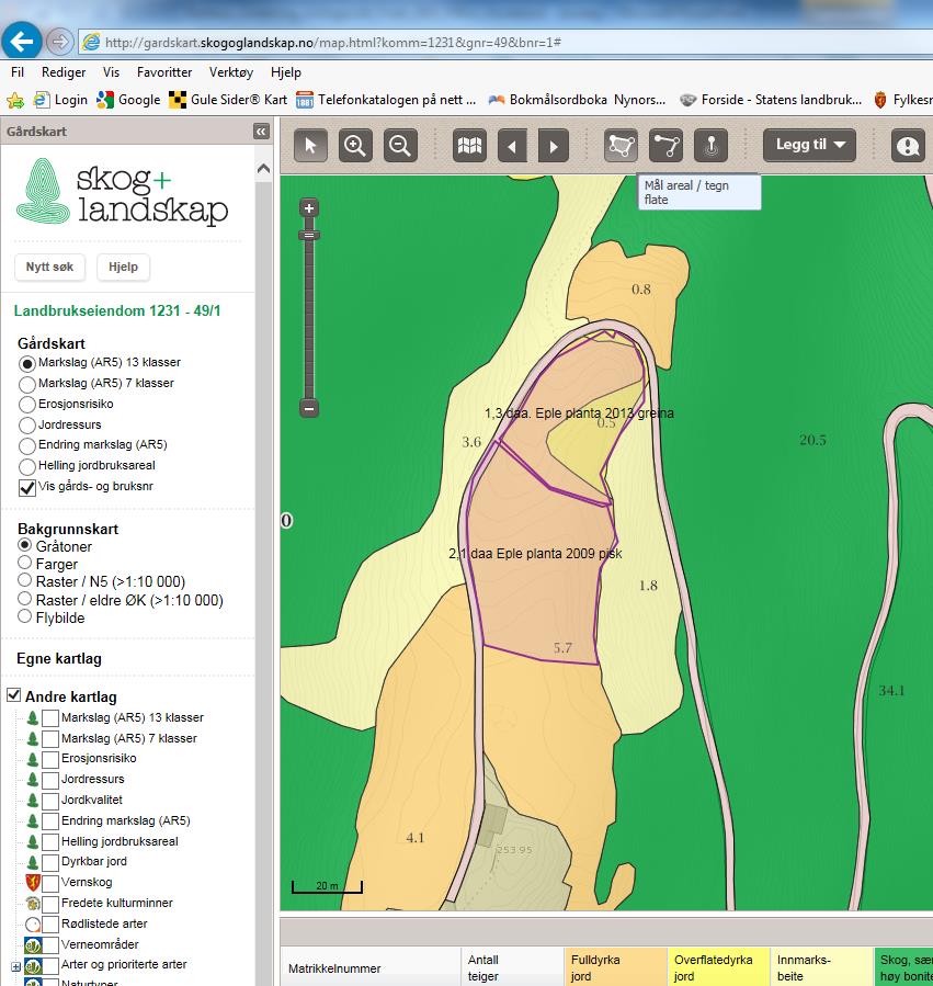 Teikning av plantekart frå gardskart på internett, døme 1. Klikk på symbol for å teikne teig og få opp areal. 2. Klikk for kvart punkt i markeringa. 3.