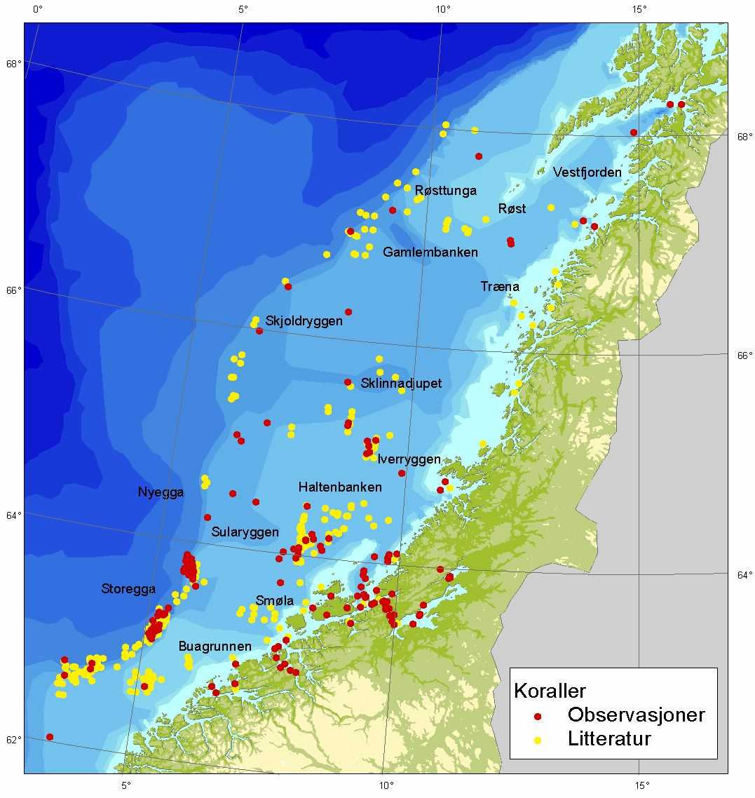 PL 134B Morvin PUD Del 2 Konsekvensutredning Desember 2007 Figur 4-1 Kart over forekomstene av koraller i Midt-Norge.