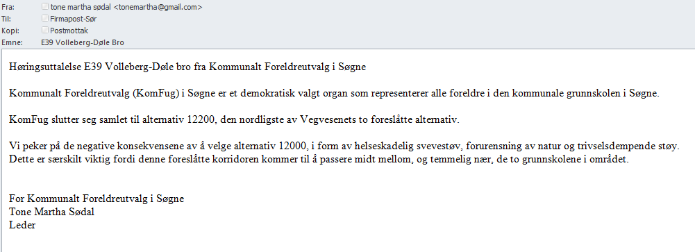 11-Kommunalt foreldreutvalg (Kom Fug) Statens vegvesens kommentar: Vi noterer oss at Kommunalt Foreldreutvalg i Søgne støtter kommunens anbefaling om lang tunnel (alt 12200), da dette vil skjerme