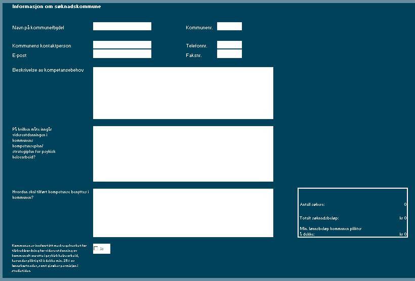 Informasjon om søknadskommune/-bydel: Samtlige av de hvite feltene i den øverste delen av søknadsskjemaet skal fylles ut, i tillegg er det viktig å krysse av for at man har satt seg inn i regelverket