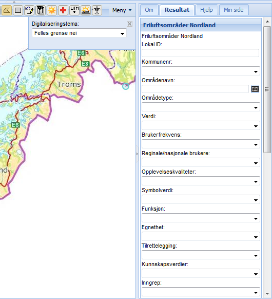 o Disse vil være med i leveransen til Nordland Fylkeskommune Figur 8 Eksempel egenskapsskjema 1/2 Etter valg av digitaliseringstema