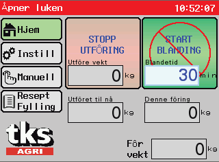 5.2.2 Foreta en blanding Fyll opp FeedMixer med fôr Fôr vekt viser antall Kg lastet Juster ønsket blandetid Trykk på tallet på START BLANDING - tasten Tast inn antall minutter og trykk Enter Trykk og