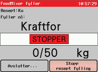 Resept fylling pågår Vindu viser pågående fylling av resept. Øverst viser aktuell resept. Statusindikatoren viser i prosent hvor mye av fôrkomponenten som er fylt.