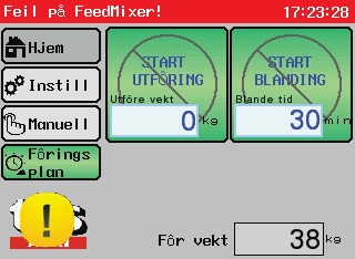 5.4 Alarmer Når en alarm utløses stopper FeedMixer. Skjermen viser alarm vinduet og hvilken alarm som er utløst. Vinduet kan lukkes med X i høyre øvre hjørne. På Hjem skjermen vises da et gult symbol.