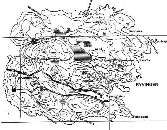 GEOLOGISKE LOKALITETER PÅ RYVINGEN 1: Svabergene like vest for husene. 2: På høyeste punkt, ved pyramiden. 3: Skinnerglova.