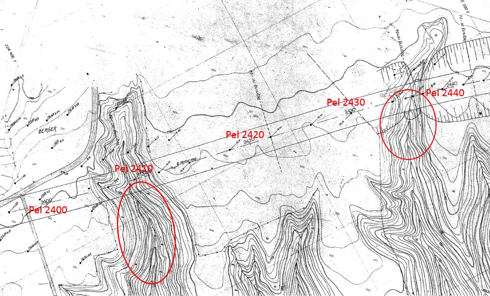 4 Tegning GH-3020 Figur 4-3 Utsnitt av tegning C 135-02 [3]. Oversiktskart pel 2400-2500 med utførte boringer.