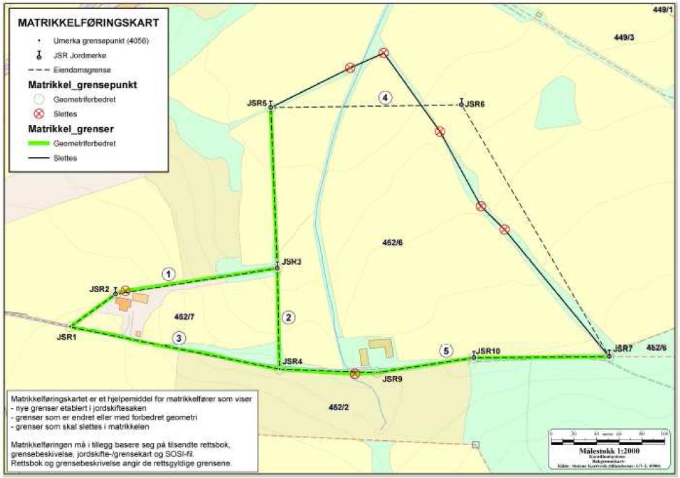 Figur 2: Matrikkelføringskart 3.9. Matrikkelføringen Matrikkelføringen av jordskiftesaker vil i mange tilfeller være mer krevende enn føring av resultatet av en oppmålingsforretning.