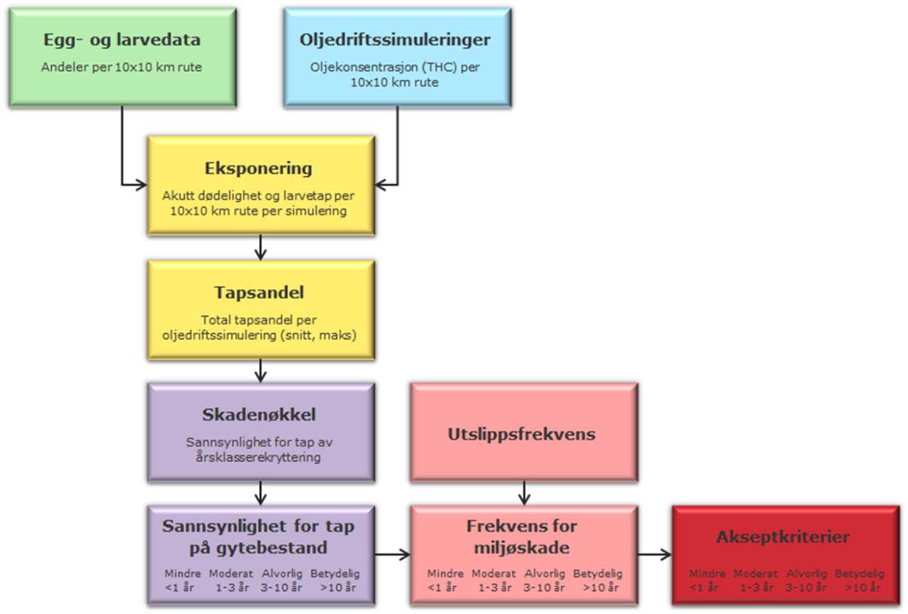 Fisk Metode En kvantifisering og vurdering av mulige konsekvenser for fisk som følge av uhellsutslipp av olje fra petroleumsvirksomhet bygger på prinsippene om eksponering for hydrokarboner i