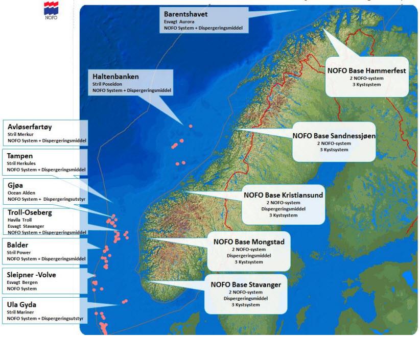 Beredskapsanalyse: Delta 2 Dok. nr. Trer i kraft 2014-05-09 Rev. nr. 5.4.4 Oljevernressurser utstyrsplassering og forutsetninger Figur 5-4 viser plasseringen av NOFO-utstyr per mai 2014.