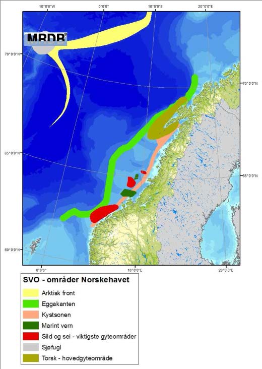 Særlig verdifulle og sårbare områder (SVO) for Norskehavet definert i forbindelse med Helhetlig forvaltningsplan for Norskehavet (2008-2009) er vist i Figur C-27. Disse inkluderer bl.a. hovedgyteområde for torsk utenfor Lofoten, kystsonene og eggakanten, samt arktisk front i vest.