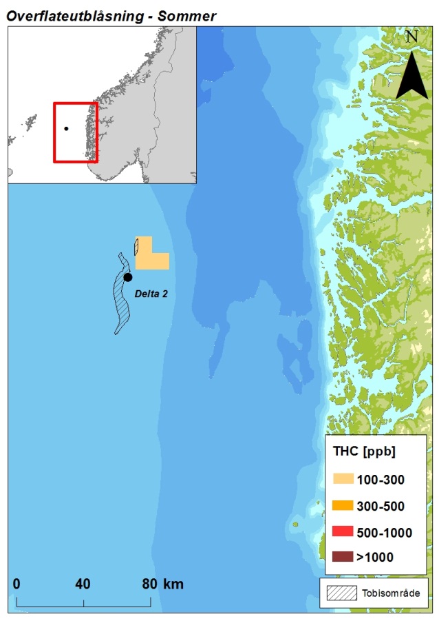 Figur 3-8 Beregnet gjennomsnittlige THC konsentrasjoner ( 100 ppb) i 10 10 km sjøruter gitt en overflateutblåsning fra Delta 2, presentert sesongvis.