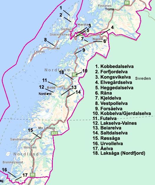 Figur 1 Kart over Nordland fylke med markering for undersøkte elver.