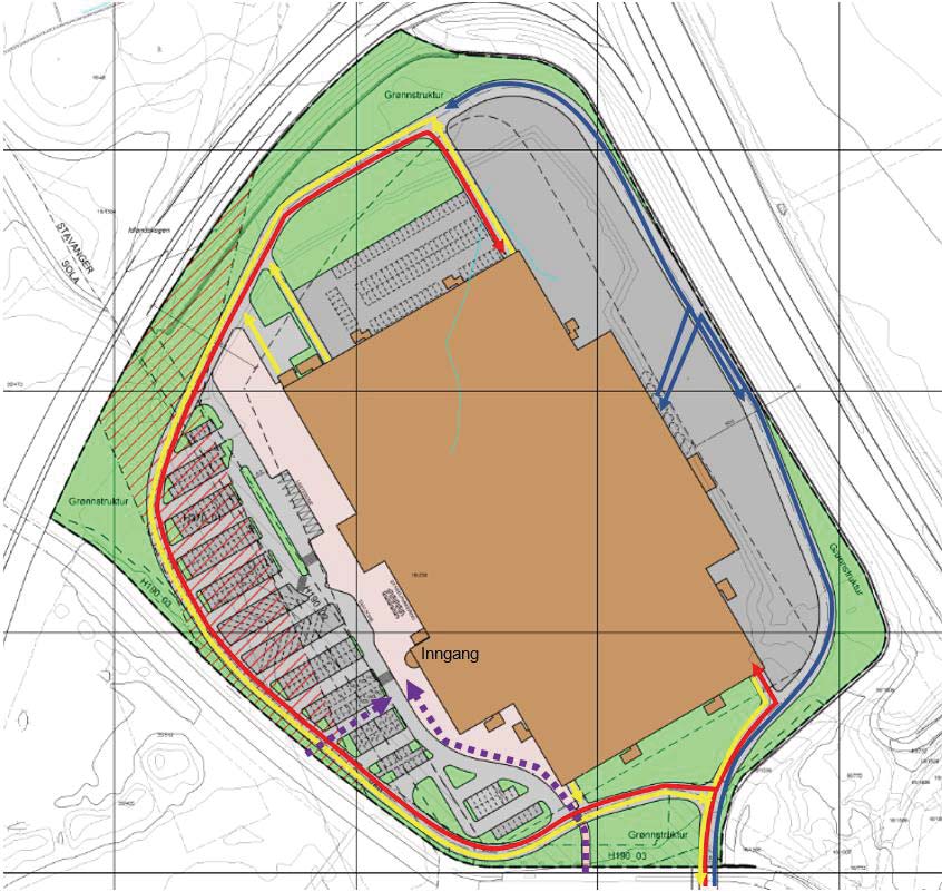 Figur 8 - IKEA sett fra sørøst, utlagt forslag, navigasjonstårnet er vist med sort ring i nordøstre hjørne av bygget (Prosjektil).