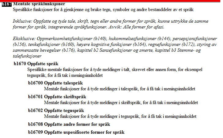 19 Figur 2 Mentale språkfunksjoner (bildet er klippet ut fra ICF-browser).. Et verktøy som er laget for at det skal bli lettere å finne koder til det man arbeider med, er ICF browser.