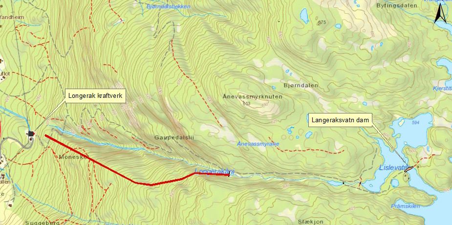 Kart over dam og kraftverk Vurdering Fysisk og historiske verdier Langerak kraftverk ble bygd for å skaffe kraft til det nærliggende, men arkitektonisk mer nøkterne tuberkulosesanatoriet.