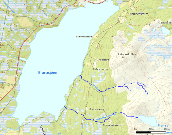 5a 5b 5h 5c 5d 5g 5e 5f Figur 31. Undersøkte (grønn sirkel) eller befarte (gul sirkel) bekker til Granasjøen. (Kartgrunnlag: www.gislink.no).
