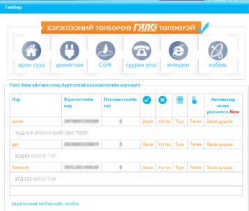 ТӨЛБӨР АВТОМАТААР ТӨЛӨХ ҮЙЛЧИЛГЭЭНД БҮРТГЭХ ХЭРЭГЛЭЭНИЙ ТӨЛБӨР Энэ цэсээр таны холбосон бүх нэхэмжлэлийн жагсаалт харагдах ба харгалзах хэрэглэгчийн код дээр дарснаар тухайн код дээрх бүх нэхэмжлэл