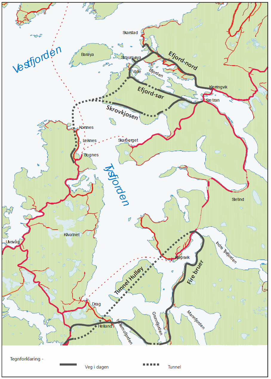 Tidligere planer og analyser Dragskrysset Botn Hovedplan E6 Tysfjord, 2002 Fylkesdelplan Tunnel under Ulvsvågskaret