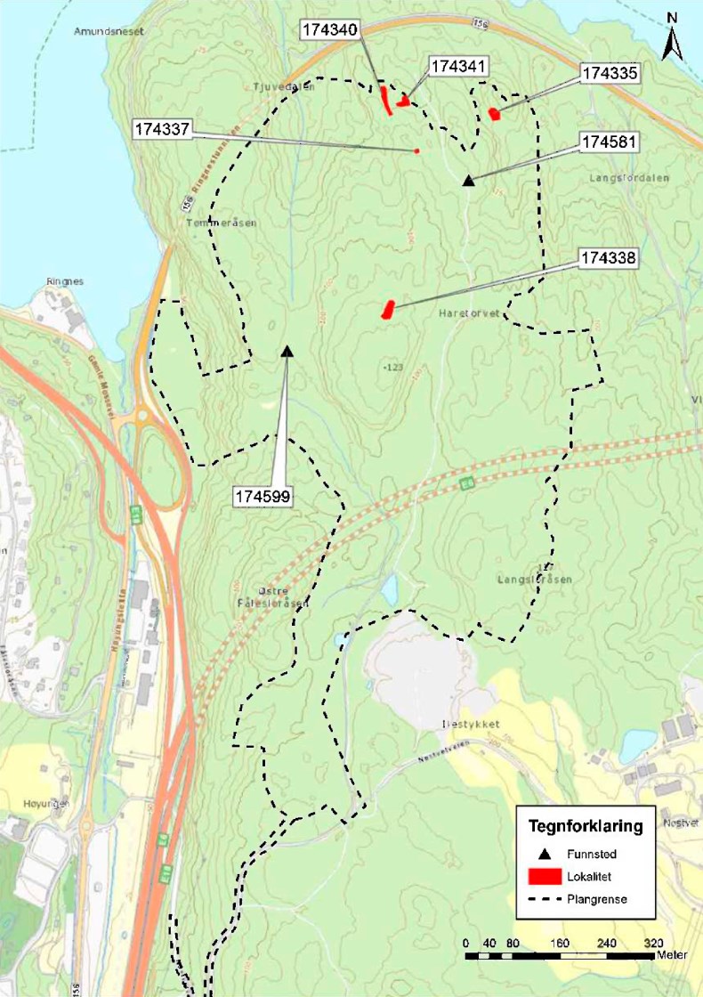 Fig. 2. Innenfor planområdet er det funnet fem steinalderlokaliteter (markert rødt) og to funnsteder (svart trekant). Steinalderlokalitetene er automatisk fredet (jfr.