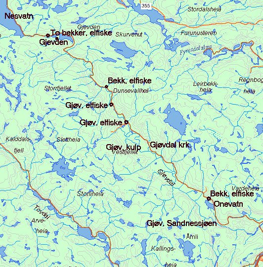 Lokalitetsbeskrivelser Figur 1. Oversiktskart over Gjøvdal med Garnfiskestasjoner og elfiskestasjoner. Gjøv Vassdragsnummer (NVE) : 43138 Vassdrag: 19.