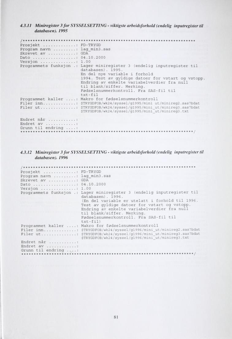 4.3.11 Miniregister 3 for SYSSELSETTING - viktigste arbeidsforhold (endelig inputregister til databasen). 1995 Prosjekt : FD-TRYGD Program navn : lag_min3.sas Skrevet av : GDA Dato : 04.10.