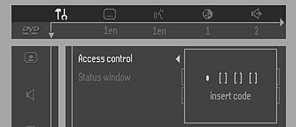 Tilgangskontroll Sikringskode (DVD og VCD) Aktivere/deaktivere sikringskoden (Child Lock) 1 I stoppmodus velger du ACCESS CONTROL (Tilgangskontroll) i funksjonsmenyen med 3/4-tastene.
