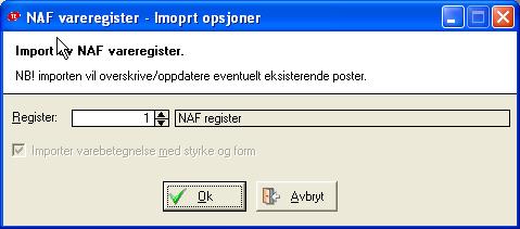 Veiledning Import av NAF register 1. I Gerica Drift velger du menypunktet Import/eksport > Importer NAF register Dette bildet vises: I feltet Importsti velger man mappen hvor importfilene ligger.