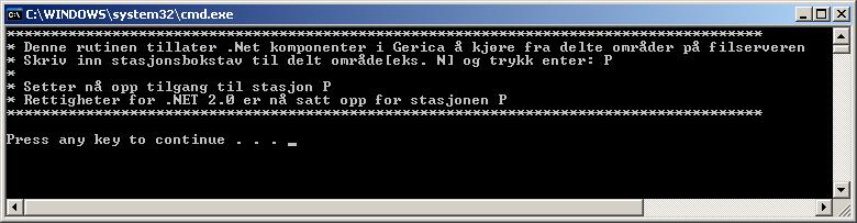 Tilganger til.net komponenter Hvis Gerica skal kjøres fra delte områder på filserveren må det gis tilgang hvis dette ikke er gjort tidligere.