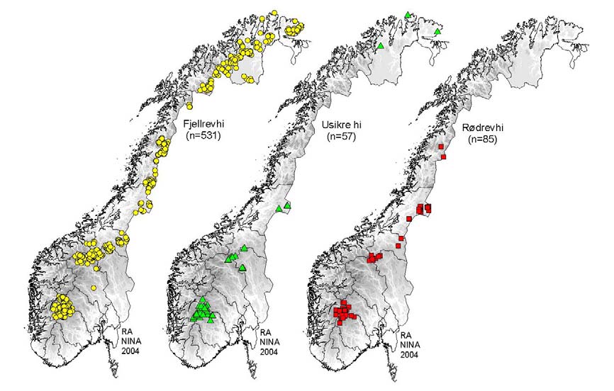 Figur 1. Revehi registrert i Hibasen. Hiene er systematisert i forhold til art (fjellrev eller rødrev) som opprinnelig anla hiet.