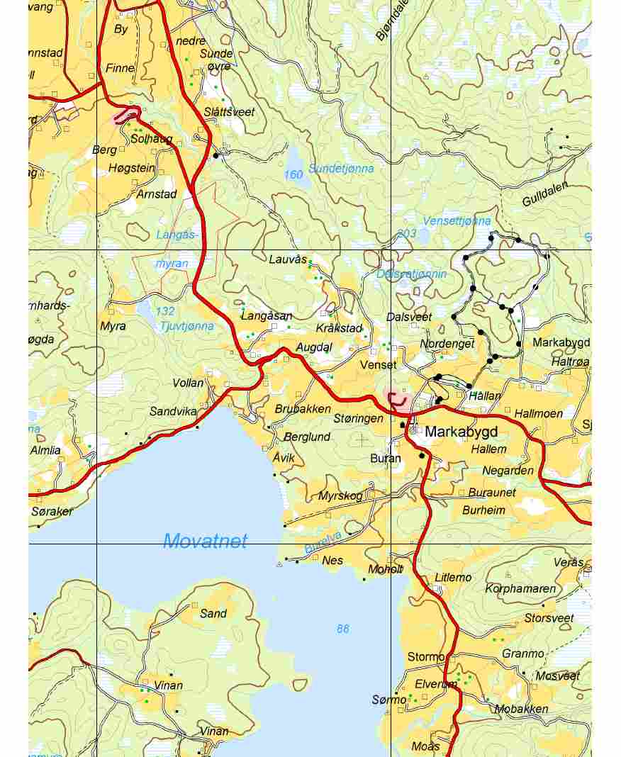 Tiltaksbeskrivelse: 1719/49/1 m/fl Langåsmyran, Markabygd - næringsområde Dagens formål LNF- blanding Situasjonskart av myr og lavbonitet skogs 370 daa Foreslått Næringsområde formål Forslagsstiller