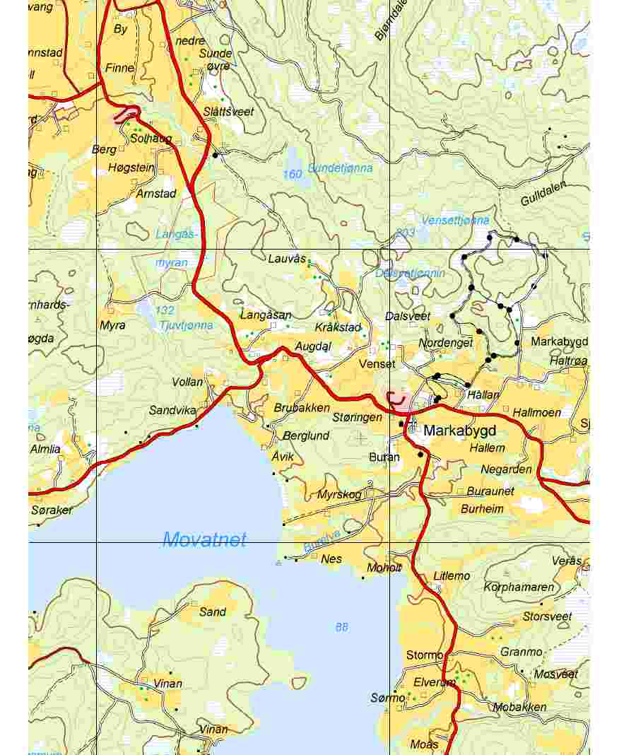 Tiltaksbeskrivelse: 1719/49/1 m/fl Langåsmyran, Markabygd - næringsområde Dagens formål LNF- blanding Situasjonskart av myr og lavbonitet skogs 370 daa Foreslått Næringsområde formål Forslagsstiller