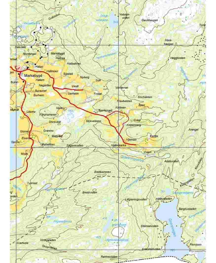 Tiltaksbeskrivelse: 1719/371/1, Grønningen statsallmenning - hytteområde Dagens formål LNF- skogs Situasjonskart av lav og middels bonitet med spredt fritidsbebyggelse 600 daa Foreslått formål