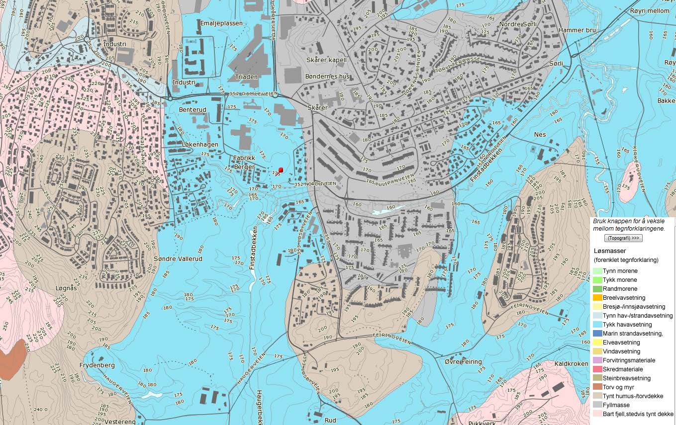 7 3.2 Løsmasser Figur 1 NGUs løsmassekart NGUs løsmassekart, figur 1, tilsier at løsmassene består av tykk havavsetning i området som ønskes omregulert.