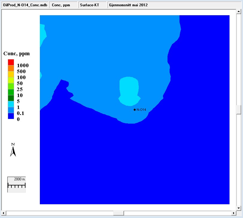 Installasjon N-O14 Utslippsmengden av produsert vann var 3 154 m 3 /døgn. Figur 4.7 til Figur 4.10 viser simulerte midlere konsentrasjoner av produsert vann i mai 2012.
